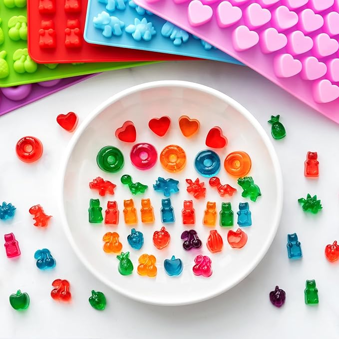 WARM TIME Gummy Bear Candy Molds Silicone, Mini Gummy Molds with 2 Droppers & 1 Cleaning Brush, Food Grade Non-Stick Silicone Molds Including Heart, Dinosaur, Bear, Donut, and Fruit, Set of 5