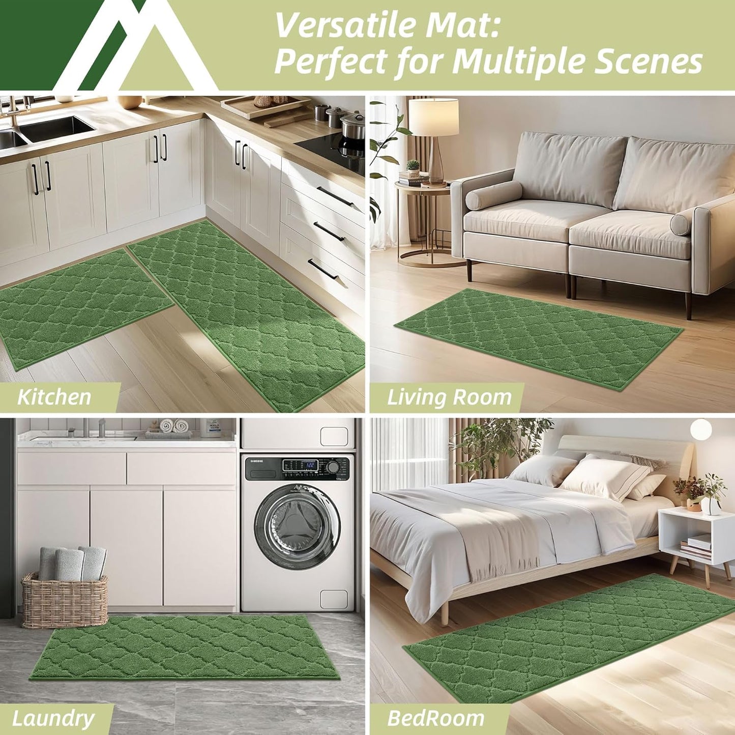 COSY HOMEER Soft Kitchen Rugs [2 PCS] for in Front of Sink Super Absorbent Kitchen Floor Mats and Mats 20x30 Inch/20X48 Non-Skid Kitchen Mat Standing Mat Washable,Polyester,Green