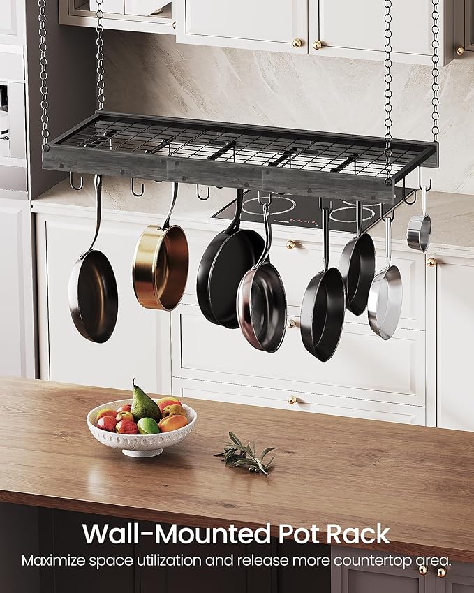 CHOEZON Hanging Pot Rack, 35.4" L x 13" W Ceiling Pot Hanger, Industrial Style Pot Rack, Wall Mounted Pot Hanger for Kitchen, Pot and Pan Hanging Rack, with Hooks, Charcoal Black and Black TPR12BCC1