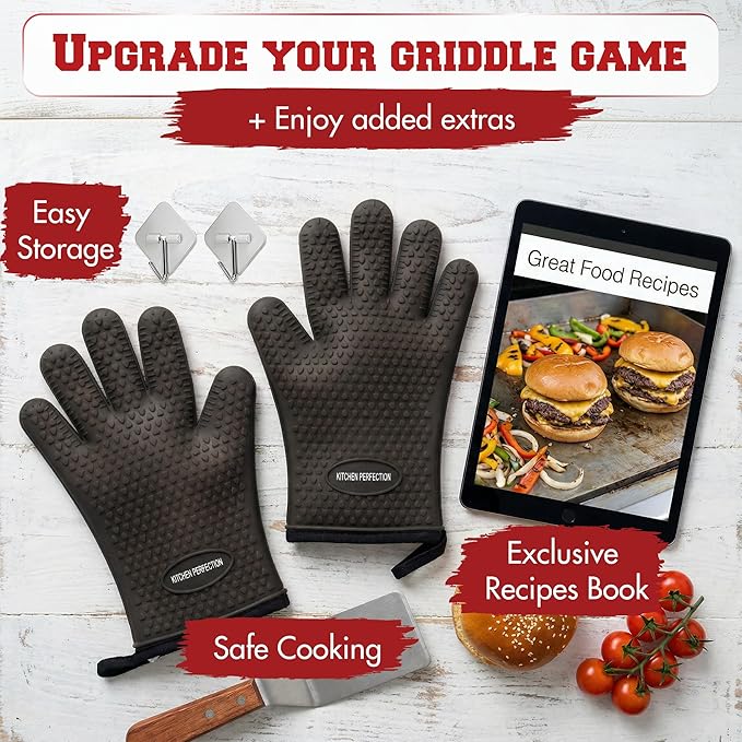 KITCHEN PERFECTION Silicone Oven & Griddle Gloves -Extreme Heat Resistant BBQ & Grilling Gloves -Handle Hot Food Right on Your Griddle |Waterproof Oven Mitts Grill Gloves |Superior Set+3 Bonuses