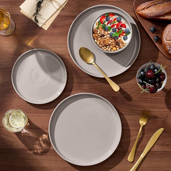 E-far 12-Piece Ceramic Dinnerware Sets, Plates and Bowls Sets for 4, Stoneware Dishware Dishes Set with Terracotta Base, Chip & Scratch Resistant, Microwave & Dishwasher Safe, Speckled Khaki