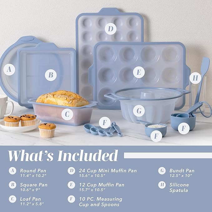 COOK WITH COLOR 17 Pc. Silicone Baking Pan Set - Non-Stick & Easy Clean Silicone Muffin Pans for Baking with Sturdy Metal Frame for Stability, Flexible Cake Molds, Includes Measuring Cups and Spoons