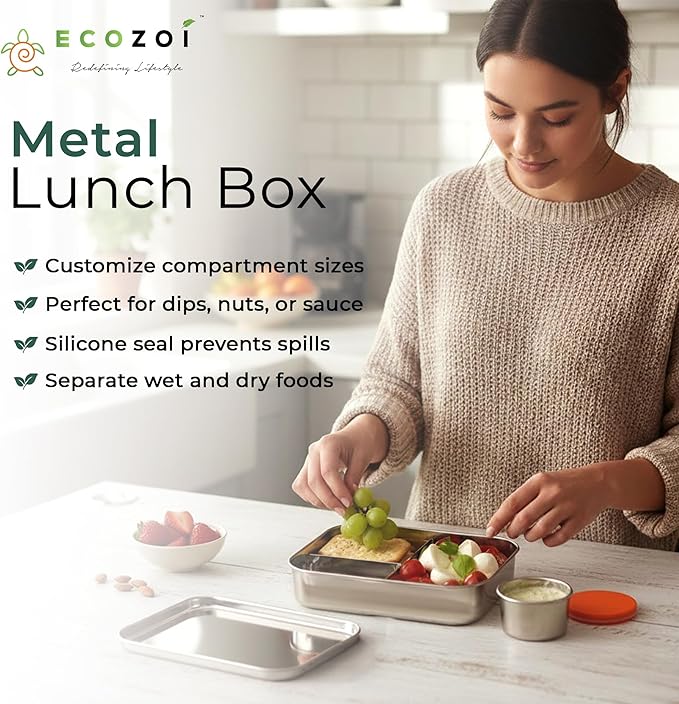 ecozoi Stainless Steel Lunch Box – 2 Tier Bento Box with Bonus Pod & 3 Compartments – Leak Proof Stainless Steel Lunch Box – Plastic Free, Eco Friendly, Dishwasher Safe, 60 oz