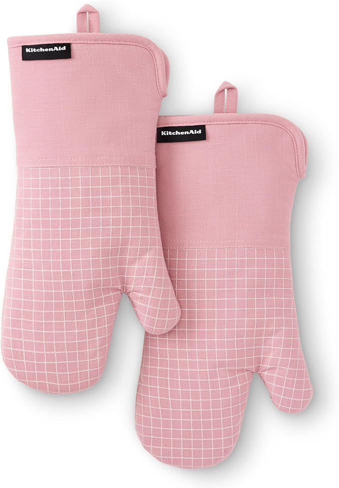 KITCHENAID Gourmet Series Gridlines Oven Mitts 2-Pack Set, Heat Resistant up to 600°F, Soft Silicone Grip, Magnetic Cuff, Dried Rose, 7"x14"