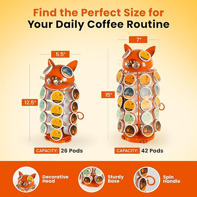 Made Easy Kit Carousel Coffee Pod Holder - Compatible with Keurig K-Pods K-Cups - Countertop 360 Spin Rack Storage Organizer - Revolving Base - Capsule Café Station Bar (Cat Orange, Small)