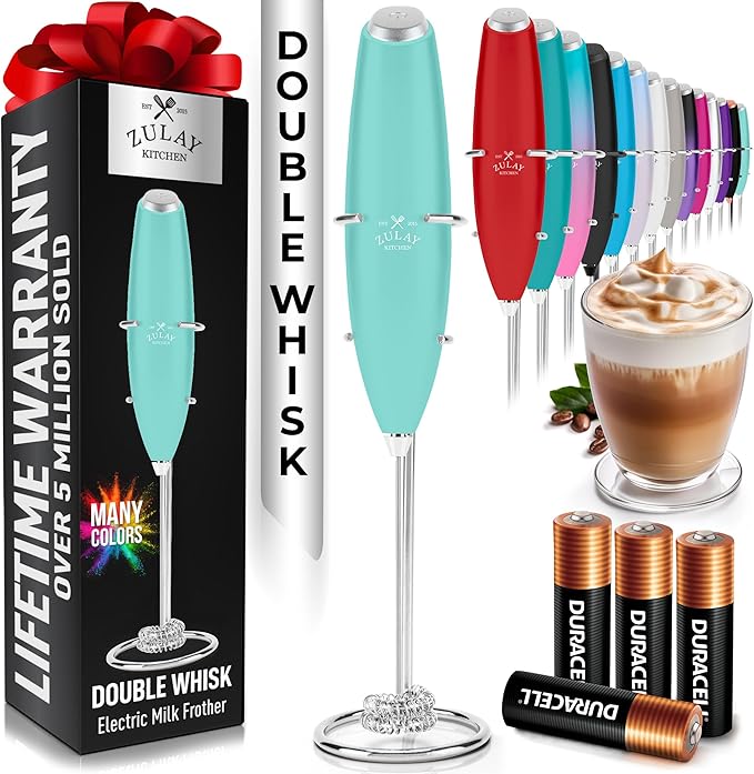 Zulay Kitchen Whisk Milk Frother with 4 Duracell Batteries - Powerful Handheld Foam Maker for Coffee, Lattes, Matcha, Hot Chocolate & Cappuccinos - Whip Creamy Froth in Seconds