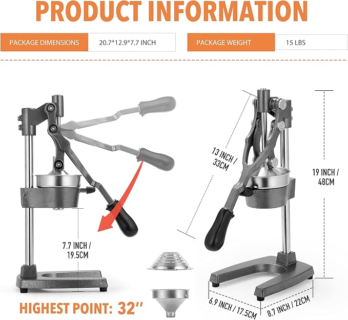 19 Inch Height Extra Tall Commercial Heavy Duty Cast Iron Hand Press Manual Orange Citrus Lemon Lime Grapefruit Pomegranate Fruit Juice Squeezer Machine with Stainless Steel Cup Grey
