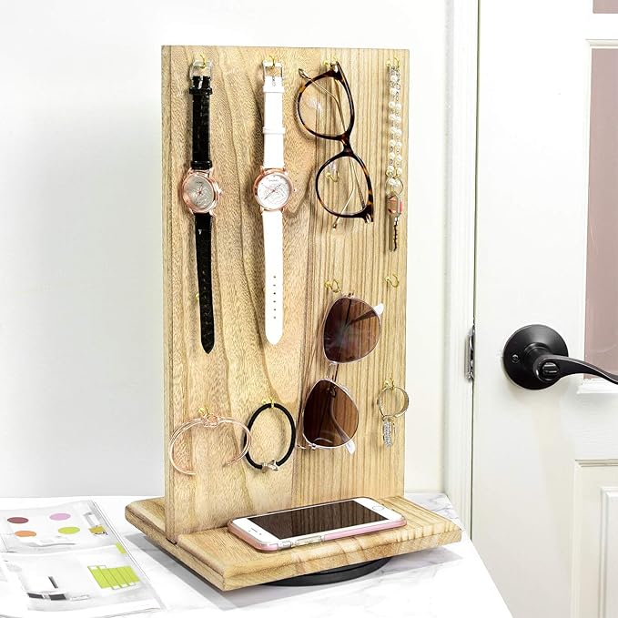 Ikee Design Wooden Rotating Two-Sided Jewelry Display Stand, Rotating Organizer with 32 Hooks for Store, Earring Keychain Display with Hooks, Oak color, 9" W x 7.5" D x 16.5" H