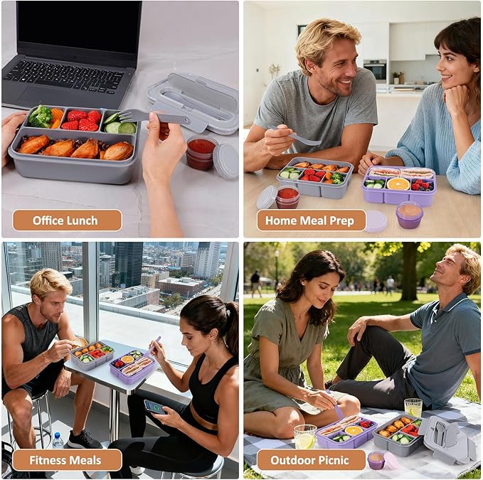 Caperci Bento Box Adult - 50 oz Large Lunch Containers for Adults and Teens, 4-Compartment Bento Lunch Box with Utensils & Leak Proof Sauce Cup, Dishwasher Safe, Durable, BPA-Free (Gray)