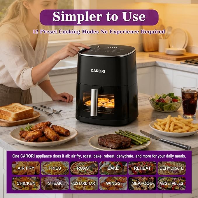 6Qt Air Fryer with Viewing Window, 12 Preset, Large Capacity, 400℉ Max Crisp, 1700W Quick Even Easy Meals, Nonstick Dishwasher Safe Basket, Bake Roast Dehydrate Reheat