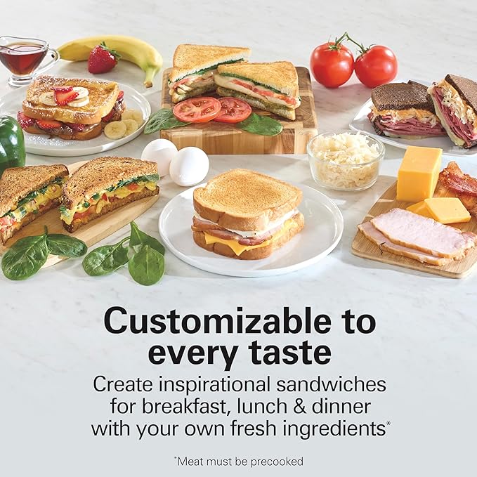 Hamilton Beach Sandwich Stacker Customizable Hot Sandwich Maker, 24 Sq. In. Non-Stick PFAS-Free Cooking Surfaces, Built-In Timer, Compact, Dishwasher-Safe, Perfect White Elephant Gifts, Silver (25471)