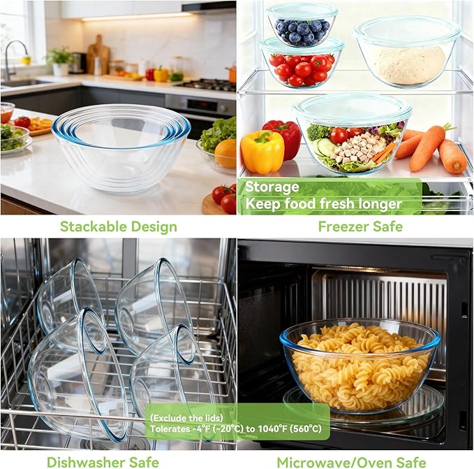 YUANYE 4 Pack Glass Mixing Bowls with Lids Set (3/1.7/0.9/0.6QT),Thick Glass Large Salad Bowl Set, Nesting Kitchen Bowls for Serving, Prepping, Cooking and Baking, Dishwasher, Oven,Microwave Safe