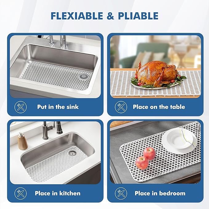 Bestjing Silicone Sink Protectors for Kitchen Sink - 28.4"x 14.3" Kitchen Protector Accessory, Non-Slip Heat Resistant Mat for Bottom of Farmhouse Porcelain Stainless Steel(Top Right Drain Hole,White)
