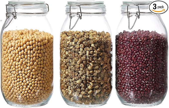 ODBCYWM 68oz Glass Food Storage Jars with Airtight Lids, Set of 3 – Clear Preserving Seal Wire Clip Fastening Canisters for Kitchen Canning, Flour, Cereal, Pasta, Sugar, Beans, Pickling Jars (68oz*3)