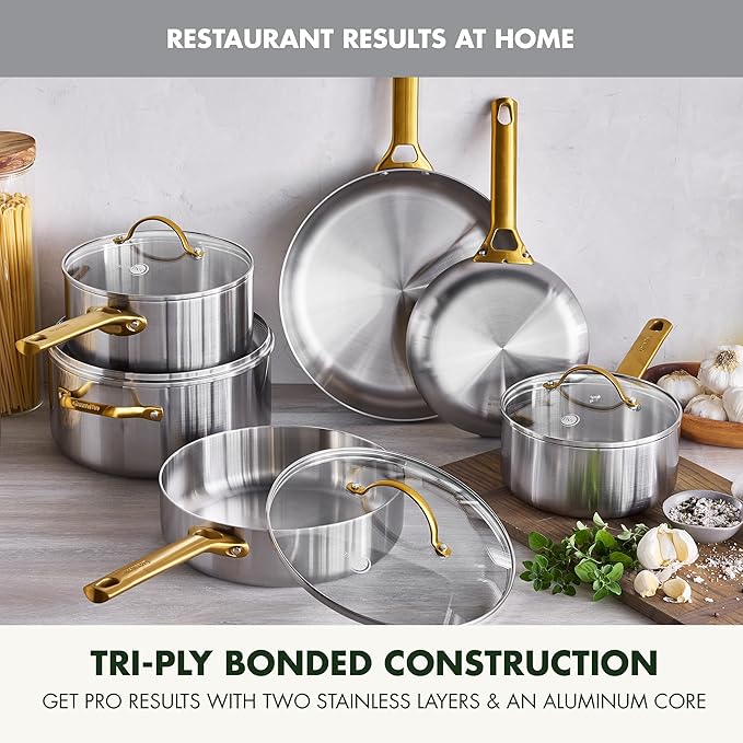 GreenPan Stainless Steel Tri-Ply Reserve 10 Piece Cookware Pots and Pans Set, Multiclad, Induction, Oven & Broiler Safe to 600°F, Heat Responsive Core, Dishwasher Safe, Glass Lids