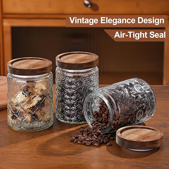 24 OZ Vintage Glass Jar with Lid, Airtight Food Storage Canisters with Bamboo for Kitchen Counter Pantry, Ideal for Coffee, Candy, Tea, Oats, Sugar, Cookies Decorative Jars-Sunflower