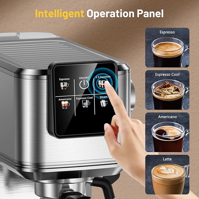 Espresso Machine 20 Bar with Touch Screen, Hot & Iced Coffee Makers, Stainless Steel Espresso Maker with Rapid Cold Brew & Milk Frother Steam Wand, with Water Tank for Latte, Cappuccino, Gift