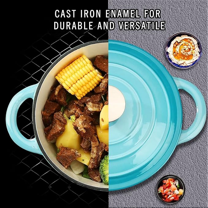 COOKWIN Enameled Cast Iron Dutch Oven, 5 QT Bread Baking Pot with Self Basting Lid, Non-stick Enamel Coated Cookware Pot, Great Christmas Gifts for Family, Teal