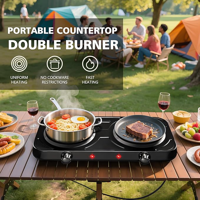Electric Hot Plate, 2200W Countertop Burner, Cast Iron 2 Burners, Portable Electric Burner Stove, Portable Double Burners for Cooking,Easy to Clean, Black
