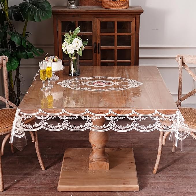 Clear Table Cover Protector Vinyl PVC Square Table Cloth with White Lace Pattern Oil Spill Proof Plastic Tablecloths for Dining Tables Parties Holidays (French Lace, 55 x 55 Inches)