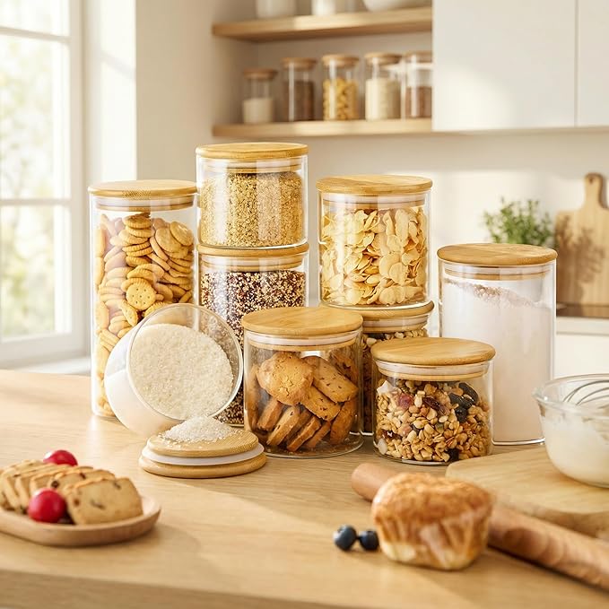 32oz - 4 Pack Glass Jars with Bamboo Lids, Glass Pantry Storage Containers with Airtight Lids, Round Air Tigh Food Storage Canisters for Cereal, Pasta, Flour, Sugar, Rice, Best for Kitchen Organizer