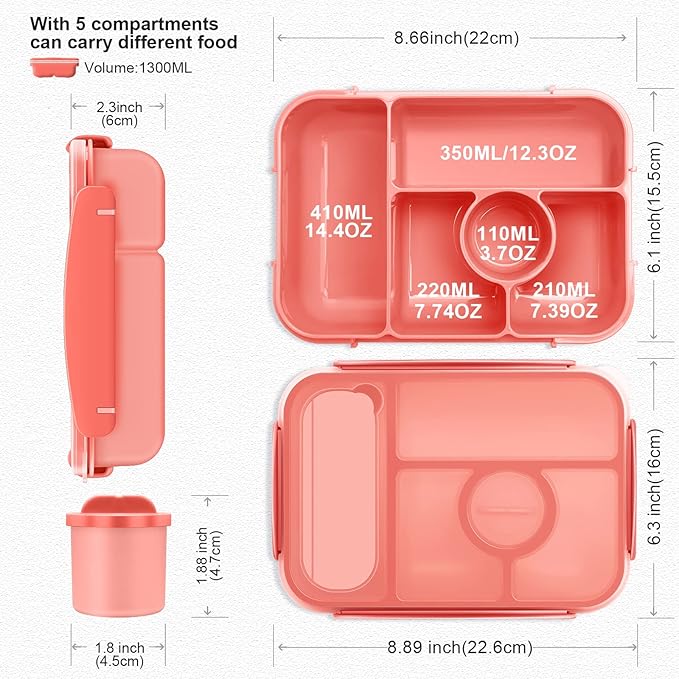 Amathley Bento Box Adult Lunch Box Kids,Lunch Containers for Adults/Kids/Toddler,5 Compartments Bento Lunch Box with Sauce Vontainers,Microwave & Dishwasher & Freezer Safe,BPA-Free (Pink)
