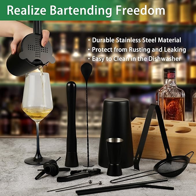 Cocktail Shaker Set Bartender Kit with Bamboo Stand, 15-Piece Stainless Steel Bar Set Accessories, Professional Bartending Kit Home Bar Tools Set with Recipes (Matte Black, Natural Wood Stand)