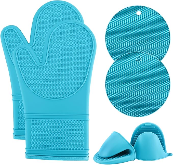 COOK WITH COLOR Silicone Oven Mitts- Heat Resistant Gloves with Soft Quilted Lining Oven Mitt Pot Holders for Cooking and BBQ, Teal, Mitt Set