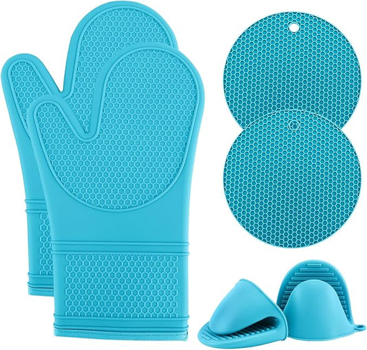 COOK WITH COLOR Silicone Oven Mitts- Heat Resistant Gloves with Soft Quilted Lining Oven Mitt Pot Holders for Cooking and BBQ, Teal, Mitt Set