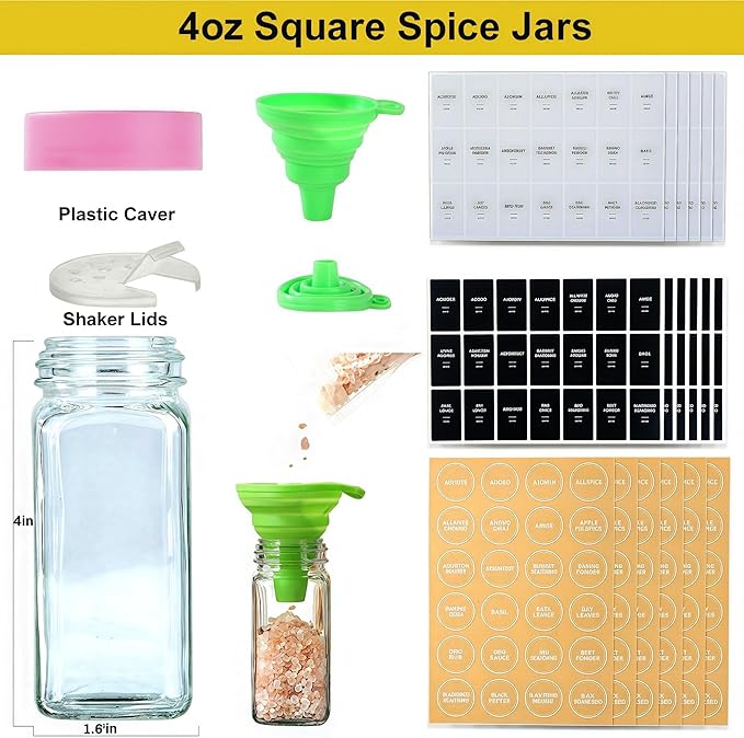 36 Glass Spice Jars with Label-4oz Spice Containers with Pink Lids and Shaker Lids,3 Sets of Spice Labels 1 Collapsible Funnel 2 Erasable Markers (36)