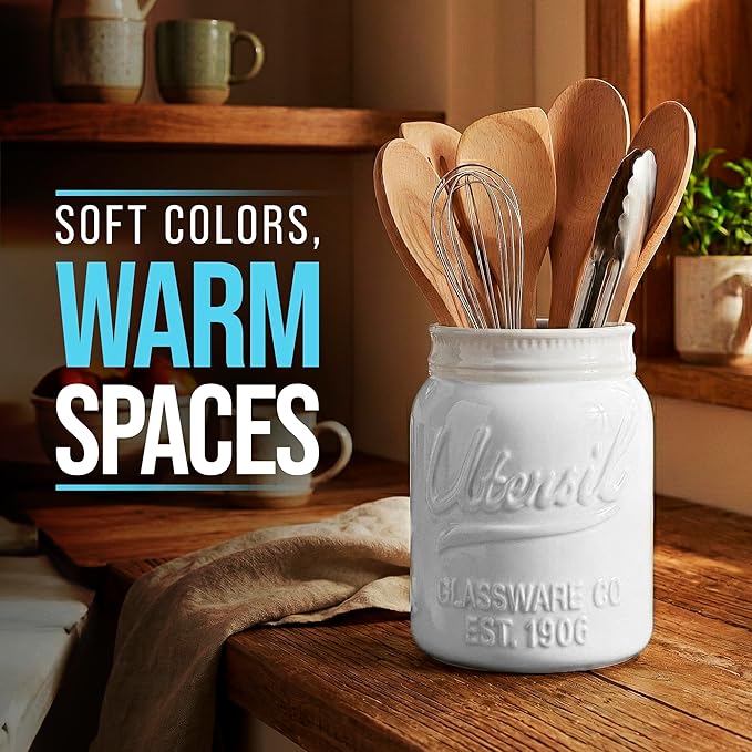 Comfify Wide Mouth Mason Jar Utensil Holder Decorative Kitchenware Organizer Crock - Perfect Cookware Gift - White, Large Size 5.4x6.75