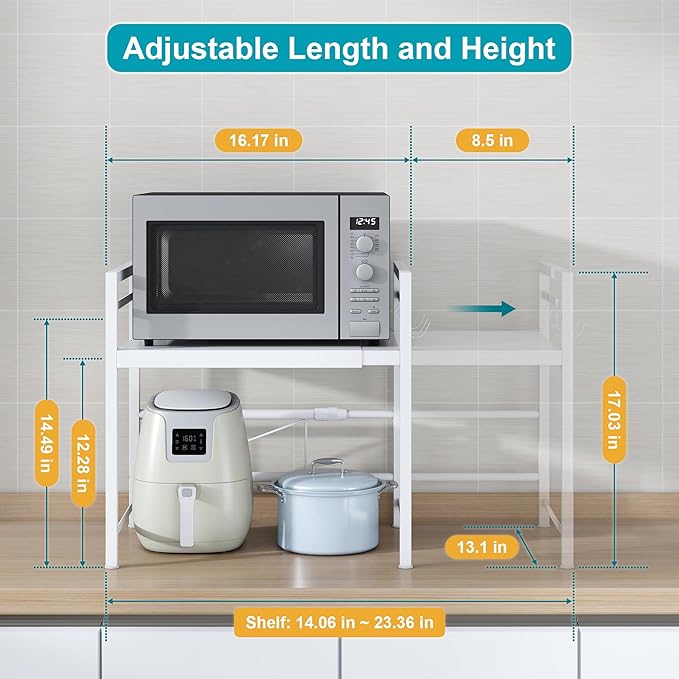 DOLALIKE Microwave Oven Rack, Expandable Microwave Stand Kitchen Countertop Organizer Utensils Storage, Carbon Steel Over Microwave Shelf with 3 Hooks (White, 2 Tier)