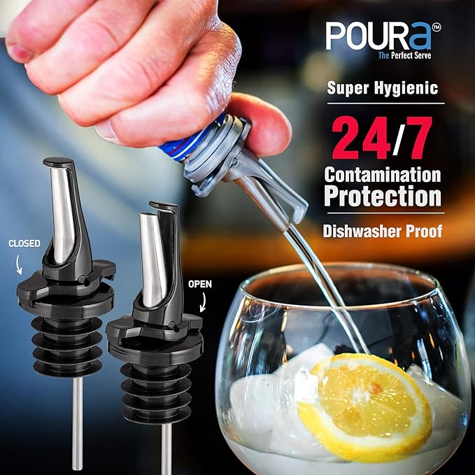 Poura 8 Liquor Pour Spouts (Black) with Built-in Caps for Optimal Fly & Dust Protection - Dishwasher Safe, Hygienic Spouts - with 6 Adapters for Large Neck Bottles
