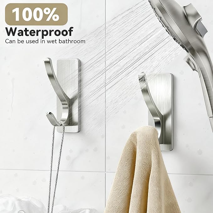 pickpiff Brushed Nickel Self Adhesive Coat Hooks for Hanging: 13LB Extra Strong Stainless Wall Hook for Towel, Utensil, Backpack, Hat, Sturdy Metal Hanger for Bathroom, Kitchen, Door, 6-Pack