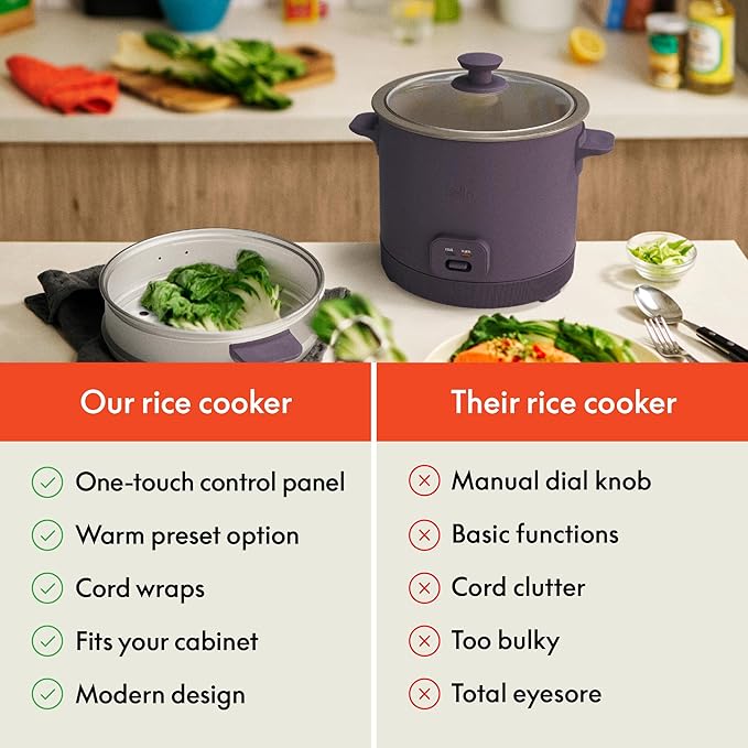 bella 16 Cup Rice Cooker with Steamer, Dishwasher Safe Steaming Basket, Rice Paddle and Measuring Cup, Removable Nonstick Cooking Bowl, Automatic Keep Warm Function, 400 Watt, Plum