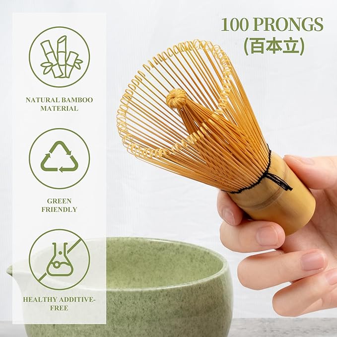 YIBO Matcha Whisk Set With Bowl, Ceramic Matcha Making Kit Includes Bamboo Whisk (Chasen), Holder Stand, Powder Starter Sifter, Scoop, Measuring Spoon & Cup Tea Tools For Ceremony (Mottled Green)