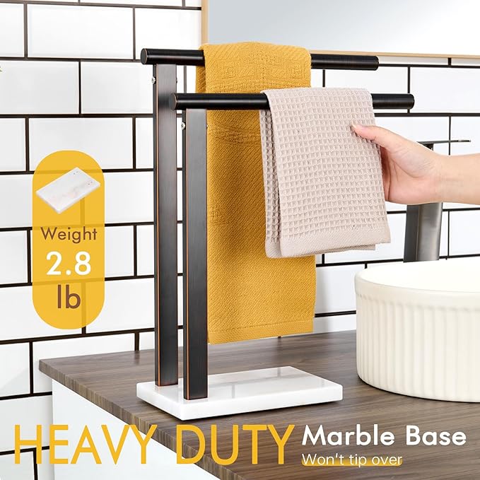 KOKOSIRI Hand Towel Bars Stand Towel Rack 2-Tier with Marble Base for Bathroom Vanity Countertop, Oil Rubbed Bronze Stainless Steel 15.7'' Height THS0007-ORB