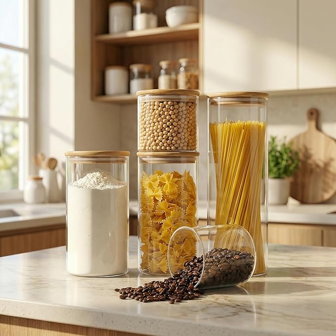 Multi Size - 5 Pack Glass Jars with Bamboo Lids, Glass Pantry Storage Containers with Airtight Lids, Round Air Tigh Food Storage Canisters for Cereal, Pasta, Flour, Sugar, Best for Kitchen Organizer