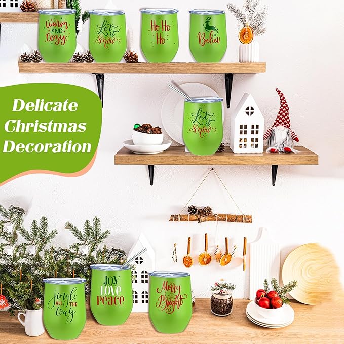 Uiifan 10 Pack Christmas Tumblers Gifts 12 Oz Xmas Funny Tumbler Christmas Stainless Steel Coffee Mugs Set Xmas Insulated Travel Cup with Straw Lid for Family Xmased Holiday Gift (Green)