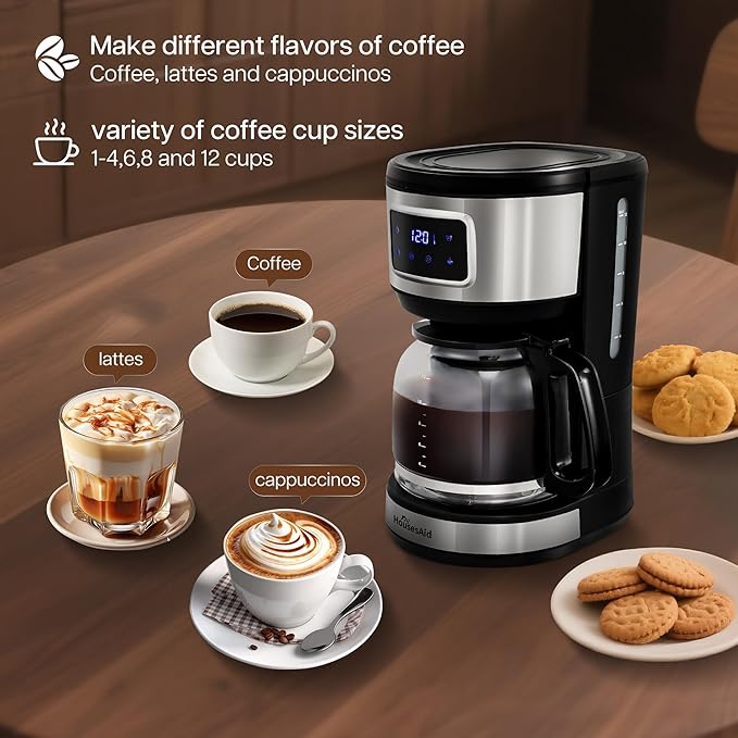 12 Cup Programmable Coffee Maker,Touchscreen Drip Coffee Maker-12 Cup Keep-Warm Function, Auto Shut-Off,Stainless Steel Construction,Permanent Filter,Ideal for Home and Office Use