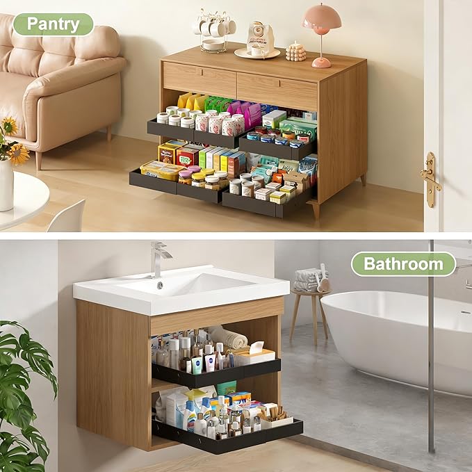 2-Pack-Expandable-Pull-Out-Cabinet-Organizers For Kitchen, Adjustable Slide Out No Drill Adhesive Drawers With Raising Pad For Framed Cabinet, Heavy Duty Sliding Roll Out Shelves Inside Cabinet