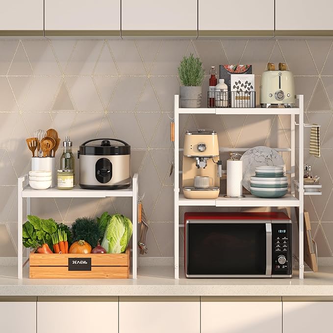 DOLALIKE Microwave Oven Rack, Expandable Microwave Stand Kitchen Countertop Organizer Utensils Storage, Carbon Steel Over Microwave Shelf with 3 Hooks (White, 2 Tier)