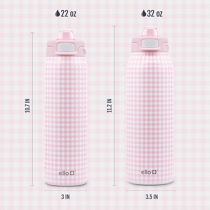 Ello Pop & Fill 22oz Stainless Steel Water Bottle with QuickFill Technology, Double Walled and Vacuum Insulated Metal, Leak Proof Locking Lid, Straw and Chug, Reusable, BPA Free, Pink Gingham