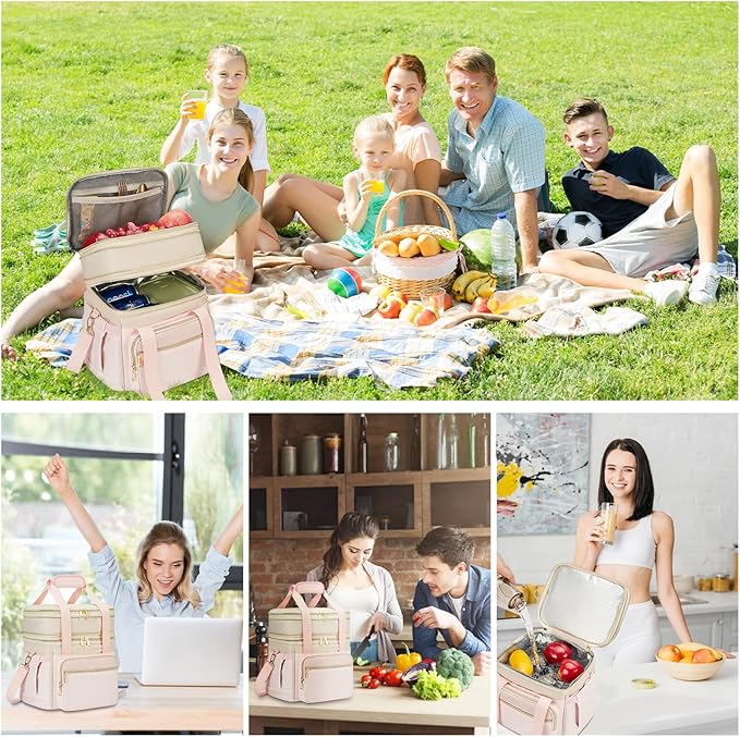holuxer Insulated Lunch Bag & Lunch Box for Women - Double Deck Reusable Lunch Bag for men Tote Cooler Bag Leakproof Soft Expandable - Large Lunchbox for Work/Adult/Picnic/Outdoor (Pink，15L)