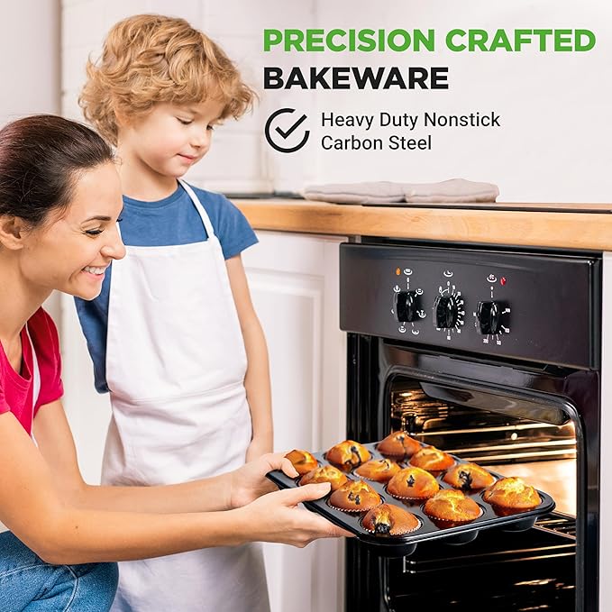 NutriChef Muffin Pans for Baking 2-Pack | Nonstick 12 Mold Cupcake Tins | Carbon Steel Stackable Cup Cake Trays | Dishwasher & Oven Safe | Includes 100 Parchment Paper Liners | 13 x 10 x 1 | Black