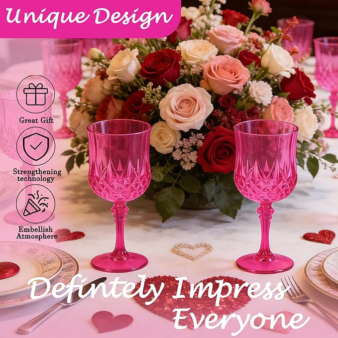 Plastic Wine Glasses, Plastic Goblets Vintage Style Cordial Unbreakable Drinking Glasses, Reusable Drinkware for Wedding Reception, Grand Event Party Supplies, Mother's Day (12, Hot Pink)