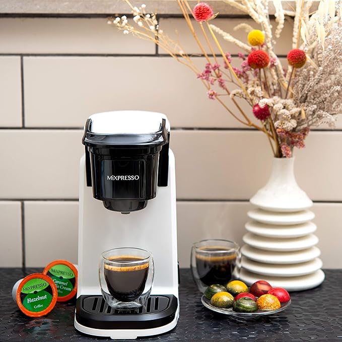 Mixpresso White Single Serve Coffee Maker for K Capsule, Compact Mini Coffee Maker 800 Watt Coffee Machine for Pods or Ground, Fast Brew, Auto Shut Off, 12 Oz Brew Size for Travel, Office, RV and Dorm