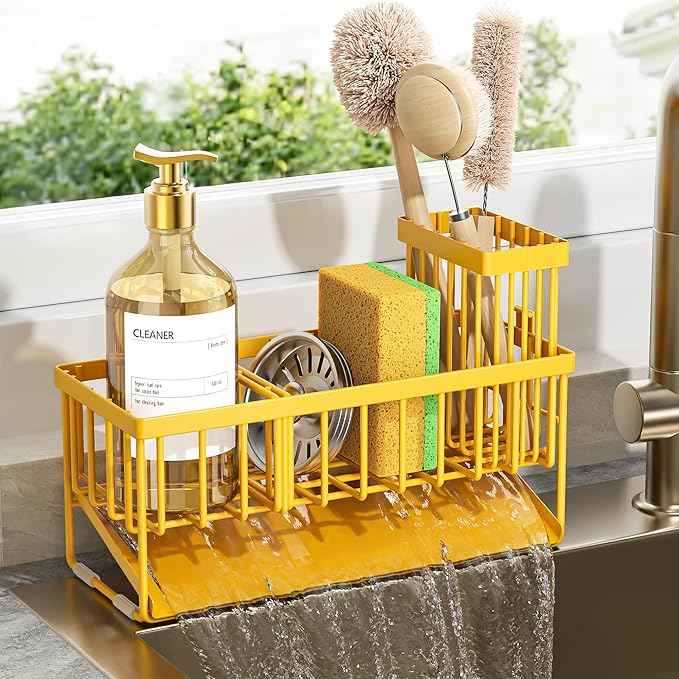 Cisily Yellow Sink Caddy Organzier with High Brush Holder, Sponge Holder for Sink, 304 Rustproof Stainless, Kitchen Countertop Soap Dispenser Organizer,Yellow Kitchen Decor and Accessories