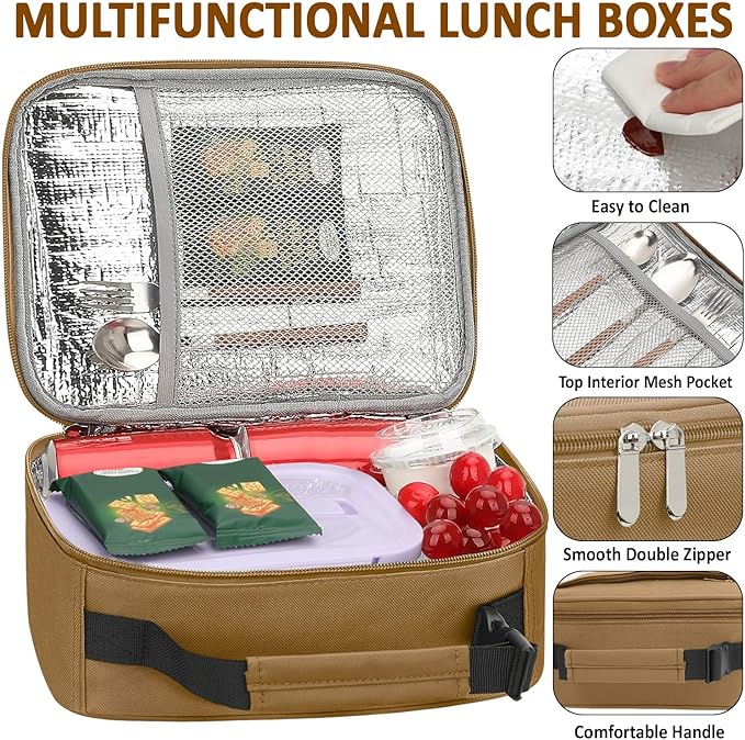 Lunch Box Kids Insulated Lunch Bag for Boys Girls Cute Reusable Lunch Tote Bag Waterproof Portable Thermal Lunch Box Kids for School Picnic Travel Khaki