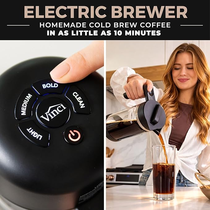 VINCI Express Cold Brew, Electric Cold Brew Coffee Maker in 10 minutes, 3 Brew Strength Settings & Cleaning Cycle, Easy to Use & Clean, Glass Carafe (2.0 Liters / 68 Fl.oz) Capacity